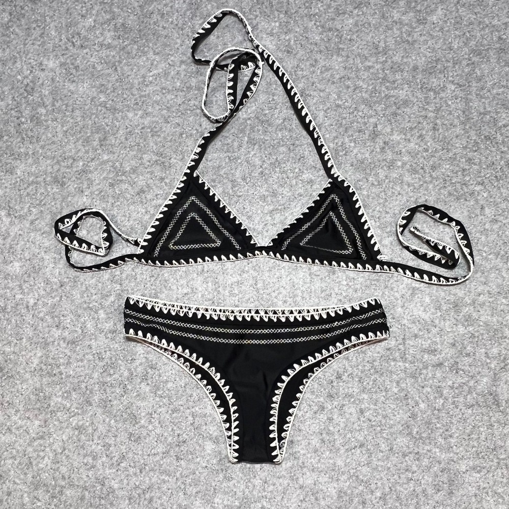 Black‎ White Embroidered Triangle Bikini Two Piece Swimsuit Juniors Large Boho